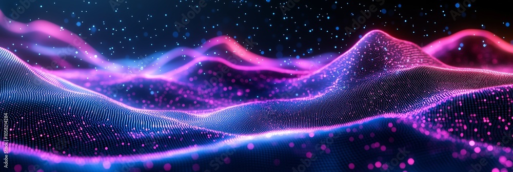 Poster abstract background with blue and purple glowing lines on black, featuring digital sound waves or wa