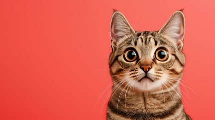 A curious tabby cat gazes wide-eyed against a vibrant coral background, showcasing its striking features and playful spirit.