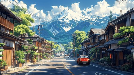 beautiful sunny day japanese town street with cars and houses anime landscape mountains digital art 25:14