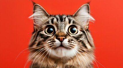 Fototapeta premium A close-up of a fluffy cat with wide eyes, set against a vibrant red background, exuding a curious and playful expression.
