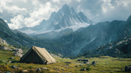 serene camping scene in mountains showcases tent nestled in lush green landscape, surrounded by majestic peaks and dramatic clouds. tranquil atmosphere invites adventure and exploration