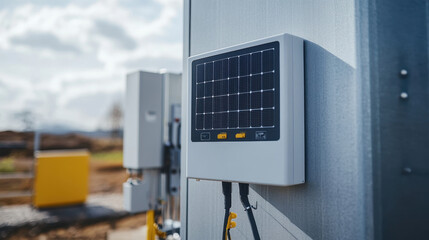 solar panel is mounted on metallic surface, showcasing its sleek design and functionality. background features blurred landscape, emphasizing renewable energy focus