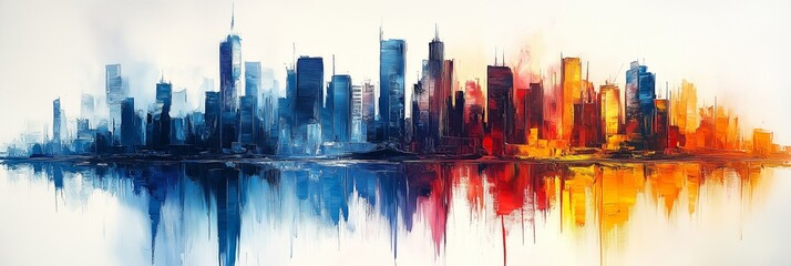 Obraz premium Abstract cityscape with blue, red and white colors, oil painting, brush strokes, modern art style