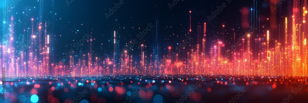 Poster abstract futuristic cityscape with glowing lines and data points on a dark background, symbolizing t