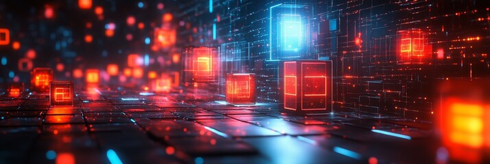 Fototapeta premium Abstract holographic background with glowing digital maze and cubes, in the style of technology concept
