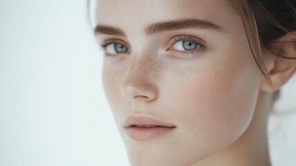 Obraz premium Close-up Portrait of a Woman with Blue Eyes and Freckles