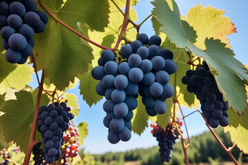 Naklejka premium A low Angle close-up of a bunch of grapes against a blue sky background in the sun