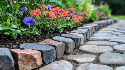 A garden path bordered by colorful flowers and stone edging.