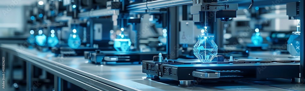 Poster a futuristic manufacturing setup showcasing advanced 3d printers creating intricate designs with blu