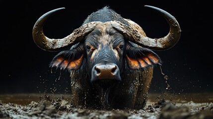 Naklejka premium A muddy buffalo stands prominently in a dark, dramatic setting.