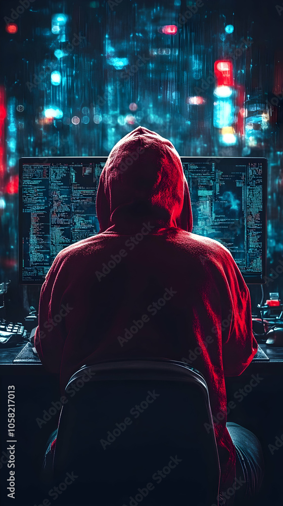 Aufkleber cybersecurity illustration - hacker in hoodie at computer