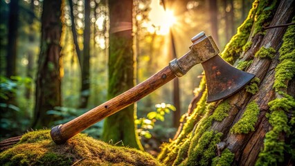 A worn axe rests on a moss covered log in the forest bathed in golden sunlight.