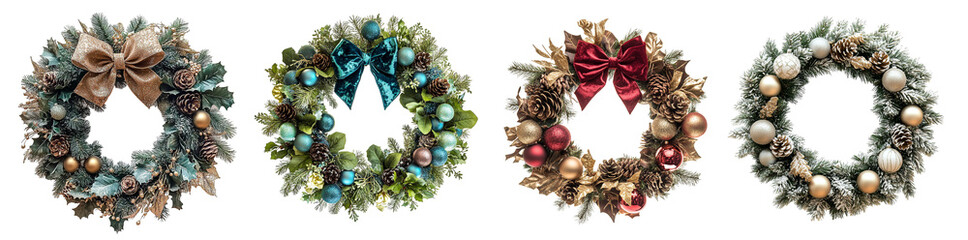 set of christmas wreath with a bow png isolated on a transparent or white background, graphic resource