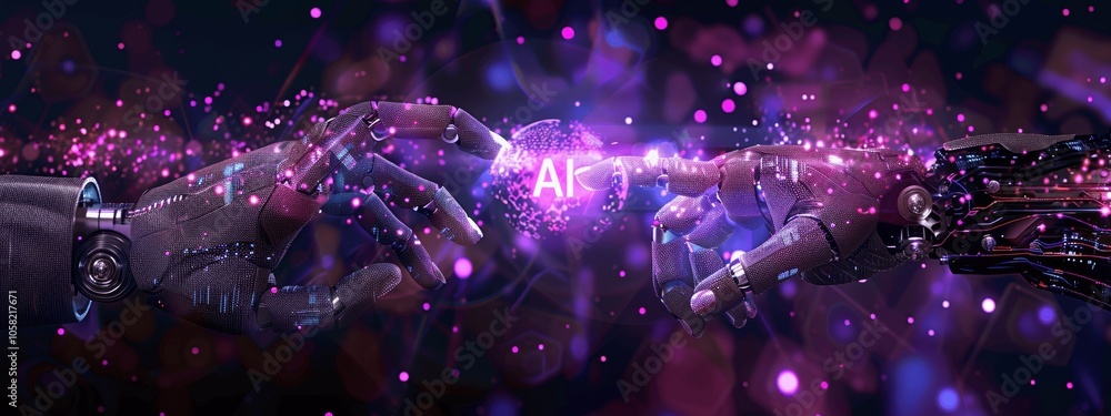 Aufkleber ai and machine learning: human and robot hands touching in futuristic technology scene with holograp