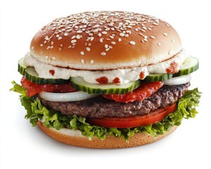 A delicious hamburger featuring a sesame seed bun, fresh lettuce, ripe tomatoes, grilled beef patty, cucumbers, and creamy sauce.