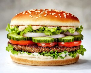 A delicious sesame seed burger filled with lettuce, tomatoes, cucumbers, and a crispy patty, showcasing vibrant, fresh ingredients.