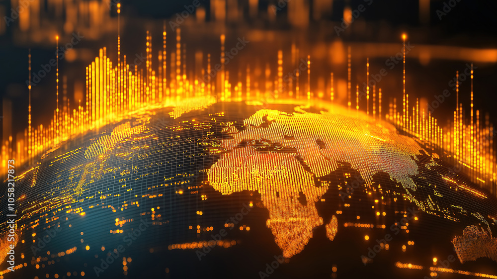 Poster visual representation of stock market success with charts numbers and globe map for strategic