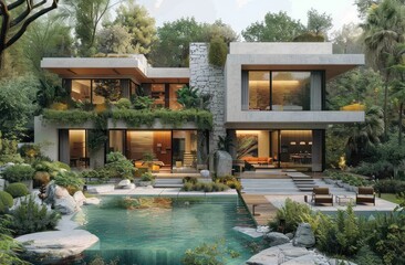Modern House with Swimming Pool and Lush Greenery