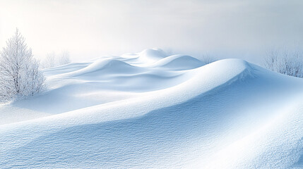 Obraz premium A serene snowy landscape with gentle undulating snow drifts and a minimalist style, creating a tranquil and peaceful atmosphere. Perfect for winter-themed designs and snowy holiday promotions.