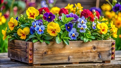 A rustic wooden planter overflowing with vibrant yellow, blue, and red blossoms, a testament to the beauty of nature's simple artistry.