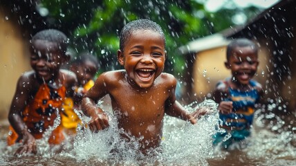 Obraz premium Happy African children having fun in the rain