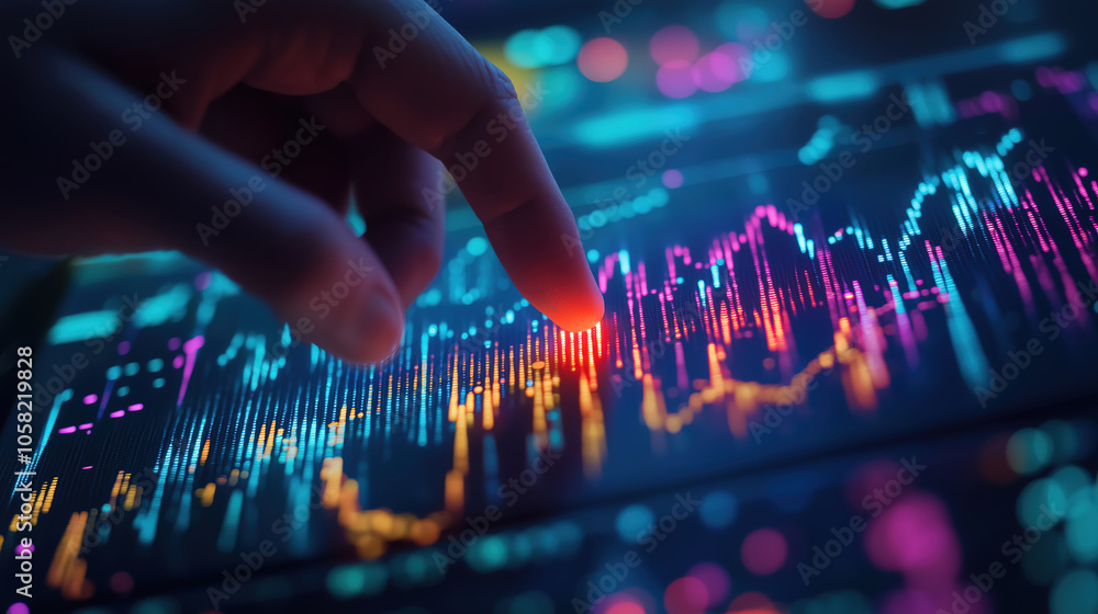 Poster exploring finance and banking insights with a businessman using a tablet for stock market graphs