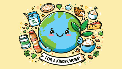 a smiling globe holding a leafy branch, surrounded by colorful icons of vegan products like oat milk, almond butter, and soy-based cheese