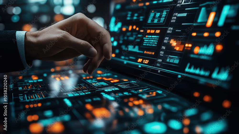 Aufkleber exploring stock market analysis through a businessman interacting with virtual data statistics