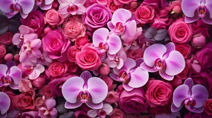 Bright pink roses and orchids bouquet closeup, vibrant floral arrangement for wedding, anniversary, or celebration background, soft focus on petals and natural beauty

