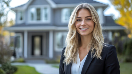 Fototapeta premium confident saleswoman with blond hair stands in front of modern house, showcasing her professionalism and approachability. vibrant surroundings enhance welcoming atmosphere
