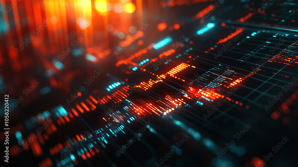 Poster exploring the intricacies of a stock market exchange interface through detailed computer visuals