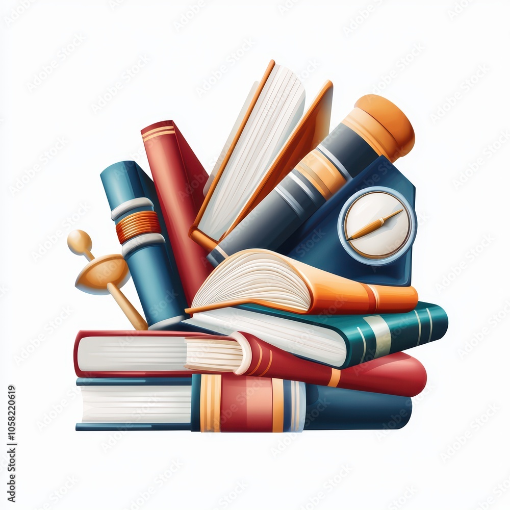 Poster a colorful stack of books with a compass and a wooden pointer on a white background.