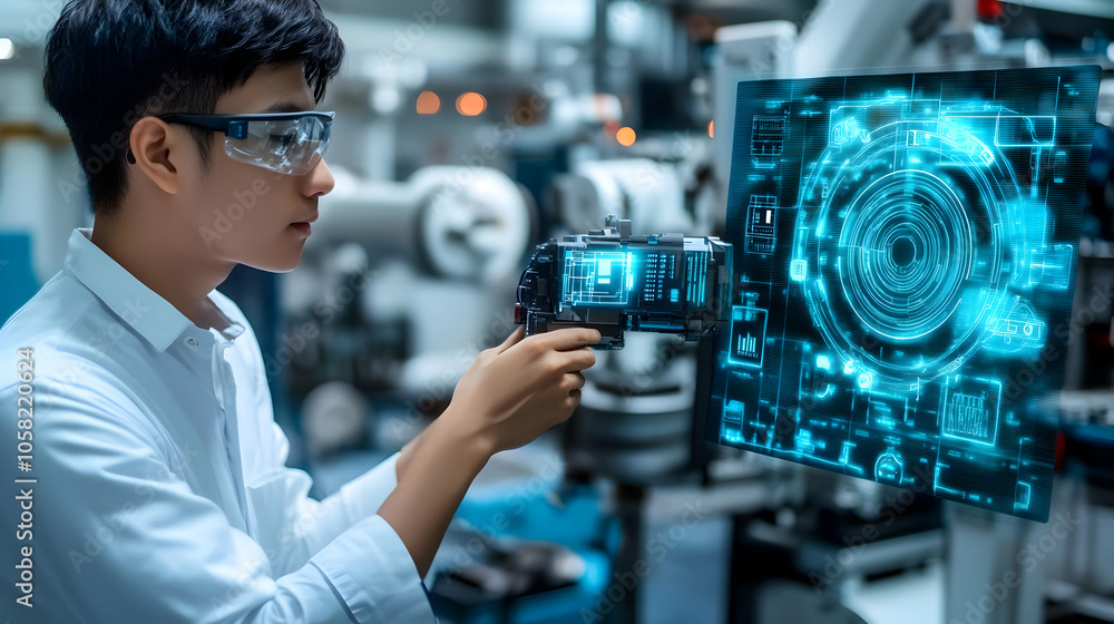 Poster engineer using augmented reality technology in a futuristic factory illustration