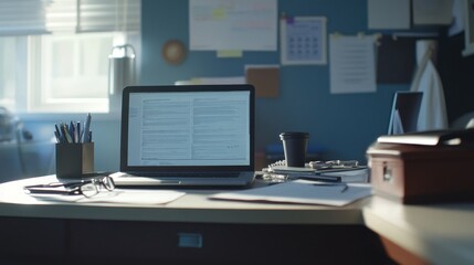 A Modern Office Workspace with a Laptop and Papers