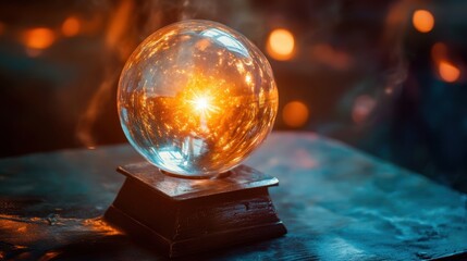 Fototapeta premium A crystal ball glowing with an ethereal light, showing glimpses