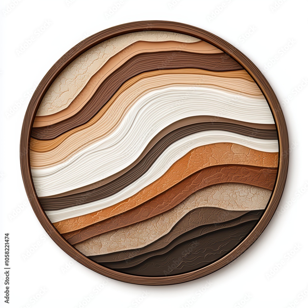 Poster abstract layered design in earth tones, circular shape with smooth curves, artistic texture on white
