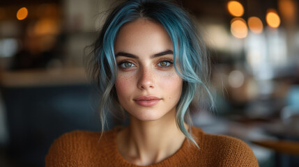 Fototapeta premium woman in her 30s with striking hazel eyes and blue hair, exuding confidence and charm in cozy cafe setting. Her warm expression invites connection and engagement