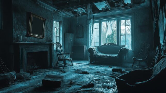 A dark and haunted abandoned mansion with creaky wooden
