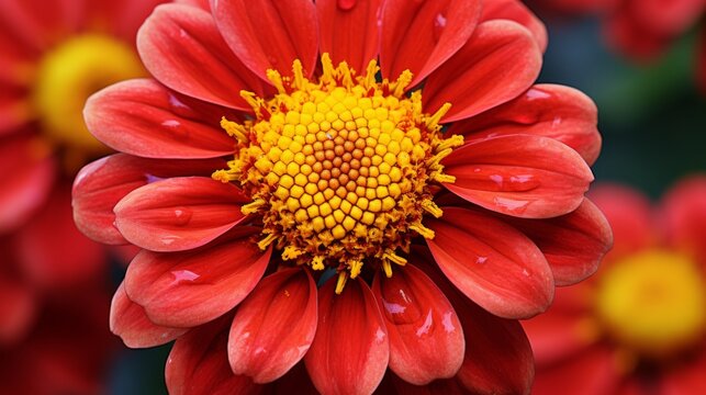 Close-up of vibrant red flower blossom with bright yellow center in full bloom at a lush botanical garden, showcasing natural beauty and floral detail in nature.
