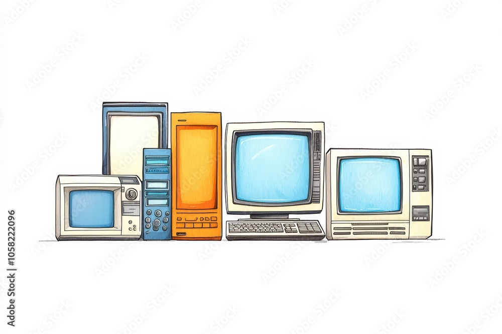 Aufkleber collection of retro computers on a white isolated background.