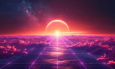80s Retro Futuristic Sci-Fi Purple Grid Landscape with Glowing Lights and Cyber Surface Style