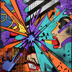 Fototapeta premium Bold Pop Art with Comic Explosions, Color Blocks, and Layered Cartoon Faces