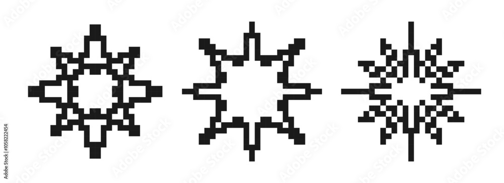 Aufkleber Pixelated stars and snowflakes element set. Black 8-bit pixel art collection. Retro binary sparkle, shine, burst, glitter geometric form pack. Y2K style pixel icon bundle. Vector illustration