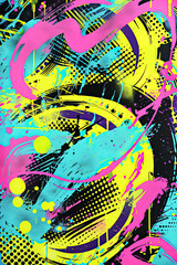 Surreal Street-Inspired Pop Art with Neon Spirals and Lightning Bolt Patterns