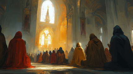 Pilgrims Kneeling in Prayer in Church, All Saints' Day, illustration, All Saints' Day picture,
