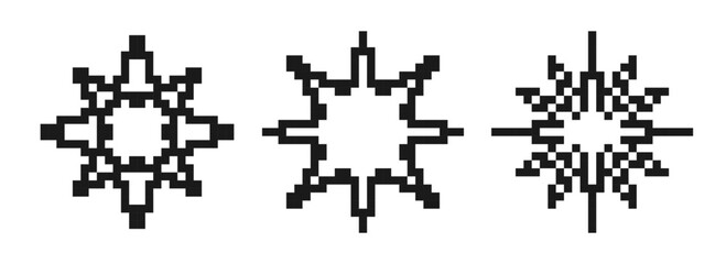 Pixelated stars and snowflakes element set. Black 8-bit pixel art collection. Retro binary sparkle, shine, burst, glitter geometric form pack. Y2K style pixel icon bundle. Vector illustration © vika_k