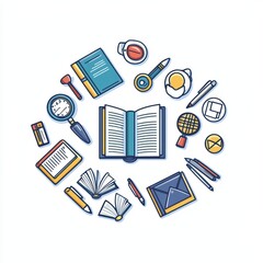 Colorful illustration of learning tools and books, white isolated background.