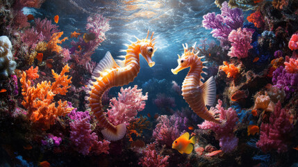 Underwater scene featuring seahorses swimming among vibrant coral reefs, showcasing beauty of marine life and colorful underwater ecosystems