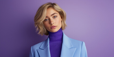 Blonde businesswoman posing in fashionable purple and blue outfit