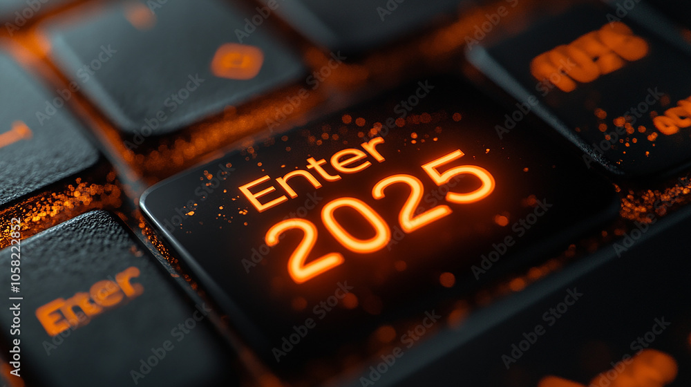 Poster Entering 2025: pressing the enter key on a futuristic keyboard symbolizing a new beginning